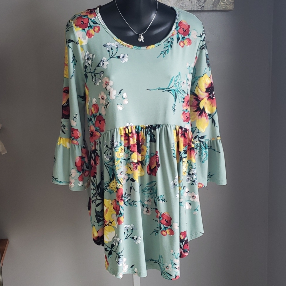 Reborn J Babydoll Tunic Green & Yellow Bell Sleeve